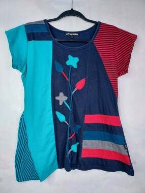 Leopards & Roses Stripe Patchwork Top Women S Applique Floral Cotton Boho Hippie